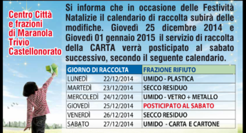 Formia, per Natale e Capodanno cambia il calendario di raccolta dei rifiuti