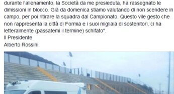 #Formia, squadra aggredita in allenamento. Il presidente: “dimissioni in blocco della società”