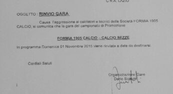 Ufficiale, #Formia-Sezze rinviata a data da destinarsi
