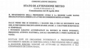 Maltempo, allerta meteo dalle prime ore del primo Maggio