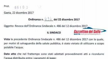 L’acqua torna potabile, Il Comune di Gaeta revoca il divieto di uso