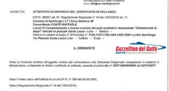 Sequestro scuola di Sperlonga, l’Assessore D’Arcangelo pubblica la certificazione del collaudo