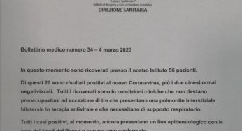 Coronavirus, diramato il bollettino medico dallo Spallanzani