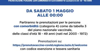 Vaccini, partono nel Lazio le prenotazioni per la fascia d’età 18-49 anni con comorbidità