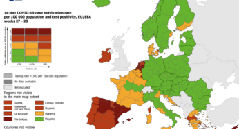 Covid: nella mappa UE in giallo Lazio, Veneto, Sardegna e Sicilia
