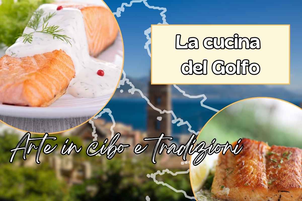 sfondo di un golfo con piatto a base di salmone