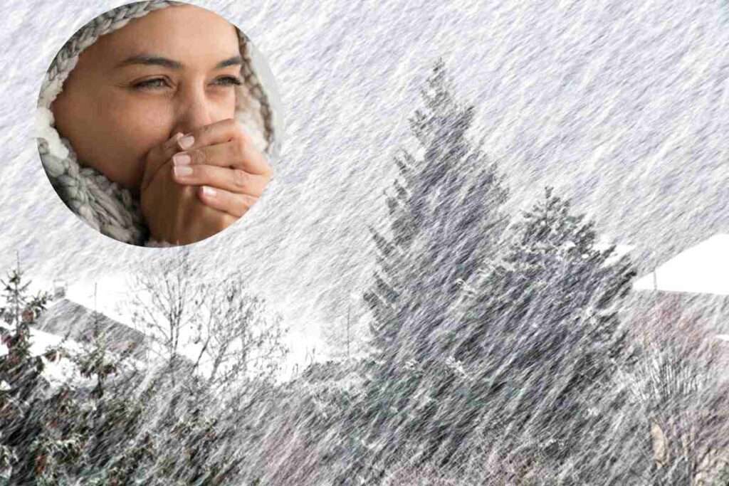 bufera di neve e donna che ha freddo
