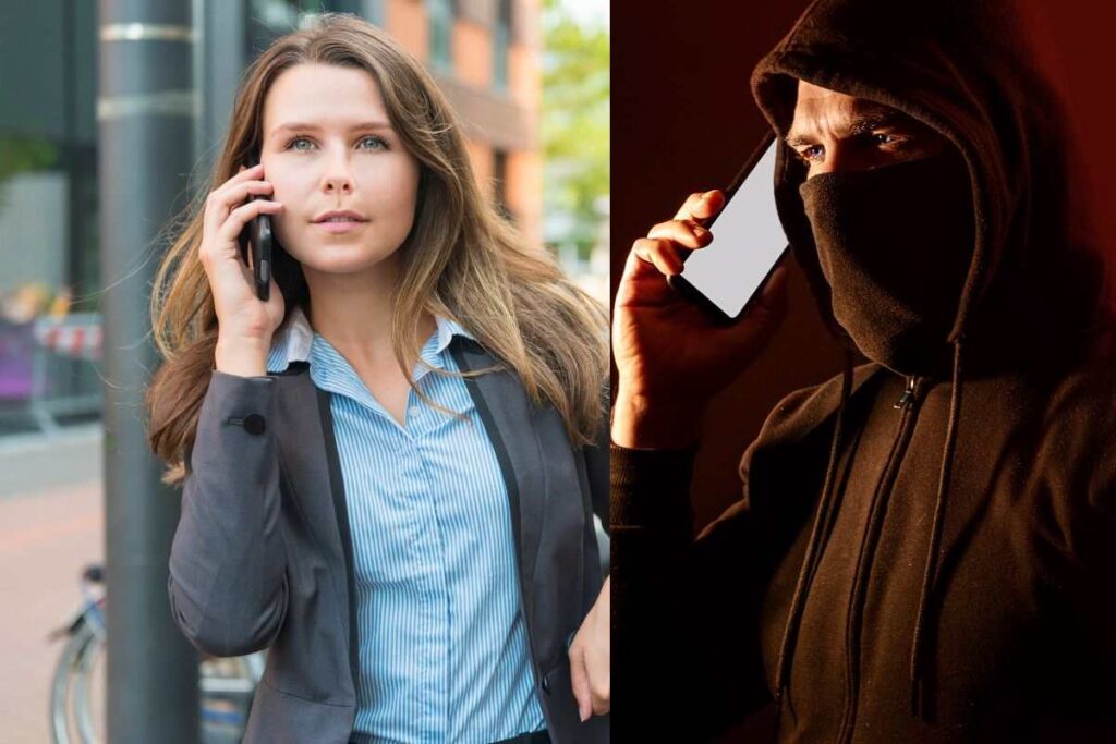 donna e truffatore al telefono