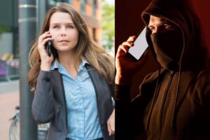 donna e truffatore al telefono