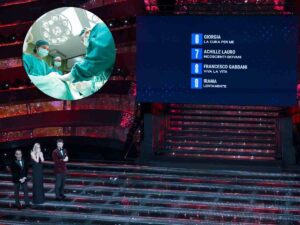 palco dell'ariston e nel cerchietto una sala operatoria