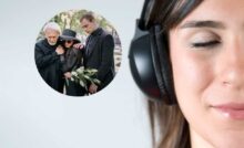 donna ascolta la musica e un funerale nel cerchietto