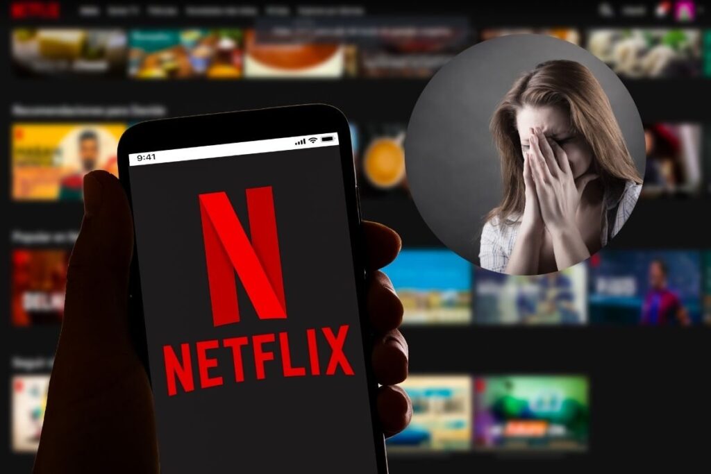 marchio netflix su smartphone e sullo sfondo monitor accesi, nel riquadro donna disperata