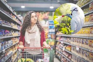 donna con carrello al supermercato sullo sofndo cerchiato un uomo che usa pesticidi