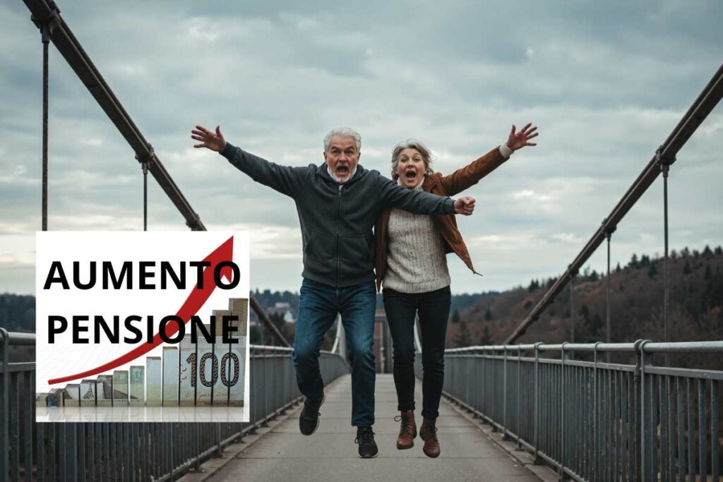 due anziani saltellano di gioia su un ponte e la scritta pensione in aumento con freccia grafico all'insù