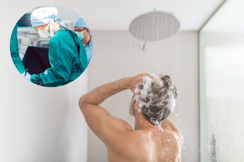 uomo sotto la doccia e nel riquadro dottoressa