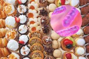 pasticcini e disegno batterio nel riquadro