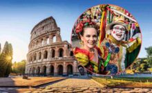 coppia vestita di carnevale e colosseo