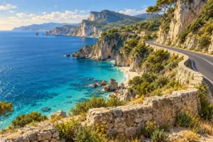 Illustrazione di una strada costiera tra falesie, vegetazione mediterranea e mare turchese, ispirata alla via Flacca.